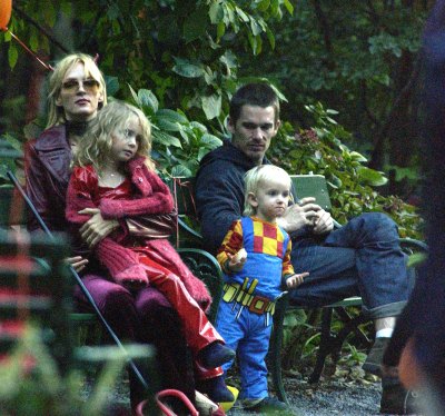 Actor Ethan Hawk visits actress Uma Thurman and his kids for Halloween