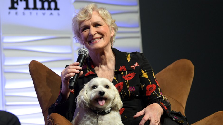 Glenn Close speaks onstage with her dog Sir Pippin of Beanfield at the Maltin Modern Master Award