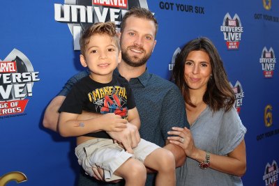 Cutter Dykstra, Actress Jamie Lynn Sigler, and son Beau arrive at Marvel Universe LIVE! Age Of Heroes World Premiere Celebrity Red Carpet Event