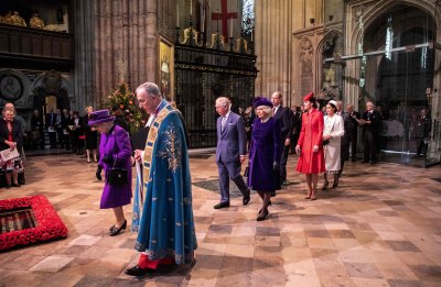 Britain's Queen Elizabeth II, Britain's Prince Andrew, Duke of York, Britain's Prince Harry, Duke of Sussex, Britain's Prince William, Duke of Cambridge,, Britain's Meghan, Duchess of Sussex, Britain's Prince Charles, Prince of Wales, Britain's Catherine, Duchess of Cambridge, and Britain's Camilla, Duchess of Cornwall walk the aisle to leave after attending the Commonwealth Day service