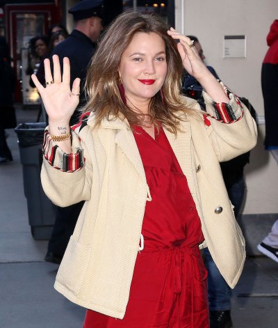 Drew Barrymore red jumpsuit waving outside 'Good Morning America'