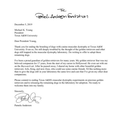Pamela Anderson Letter to Texas A&M University in Partnership With PETA