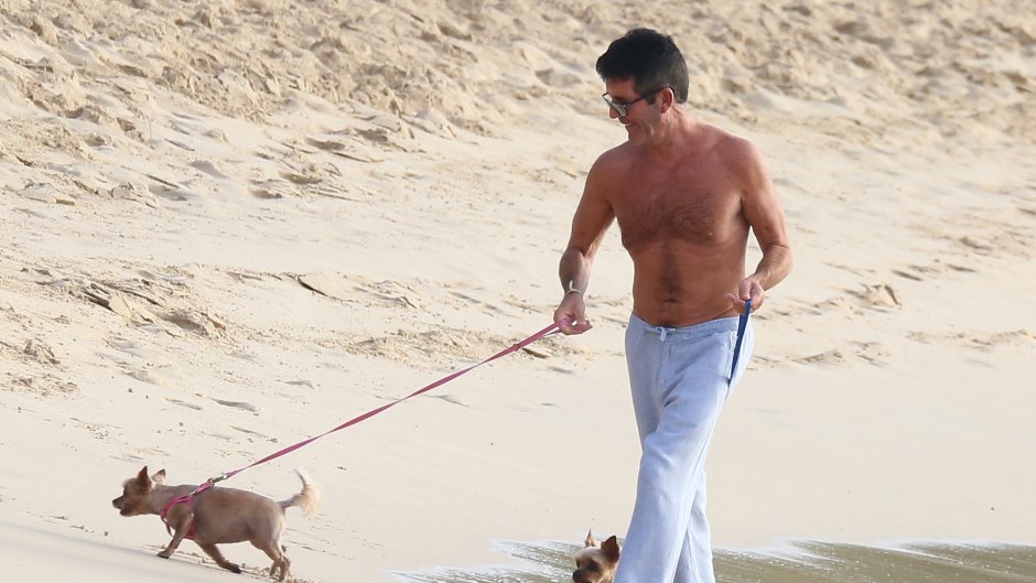 Simon Cowell wears long pants to walk his dogs on the beach in Barbados