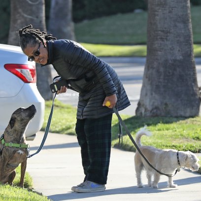 Meghan Markle's mother Doria Ragland is seen leaving isolation to walk her two dogs in her neighborhood after the news broke that her daughter, son-in-law Prince Harry, and their son Archie have relocated from Canada to LA.