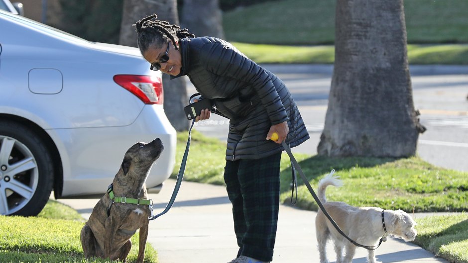 Meghan Markle's mother Doria Ragland is seen leaving isolation to walk her two dogs in her neighborhood after the news broke that her daughter, son-in-law Prince Harry, and their son Archie have relocated from Canada to LA.