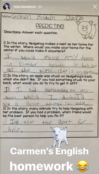 Hilaria Baldwin's daughter's homework