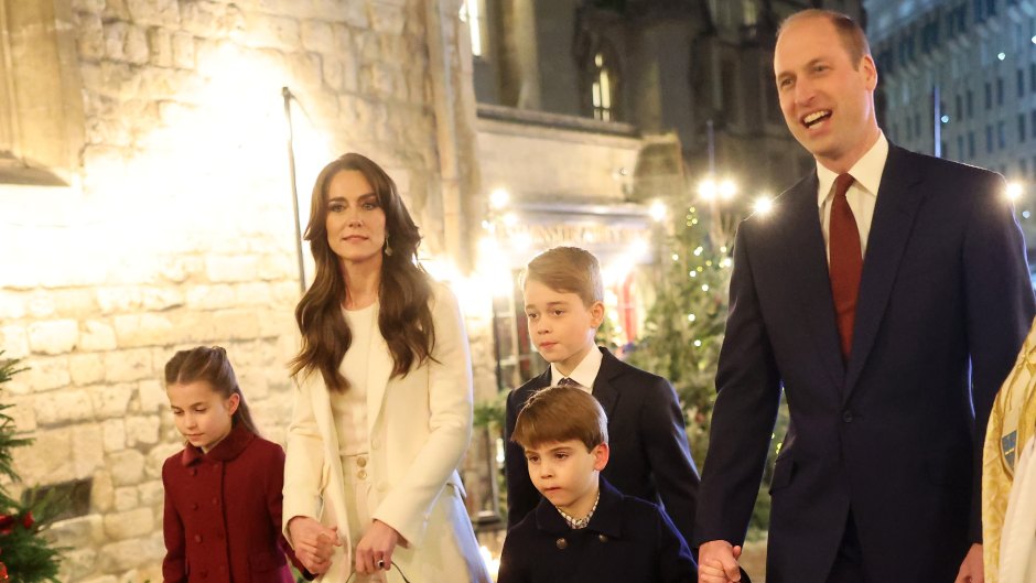 Kate Middleton and Prince William hold hands with their kids
