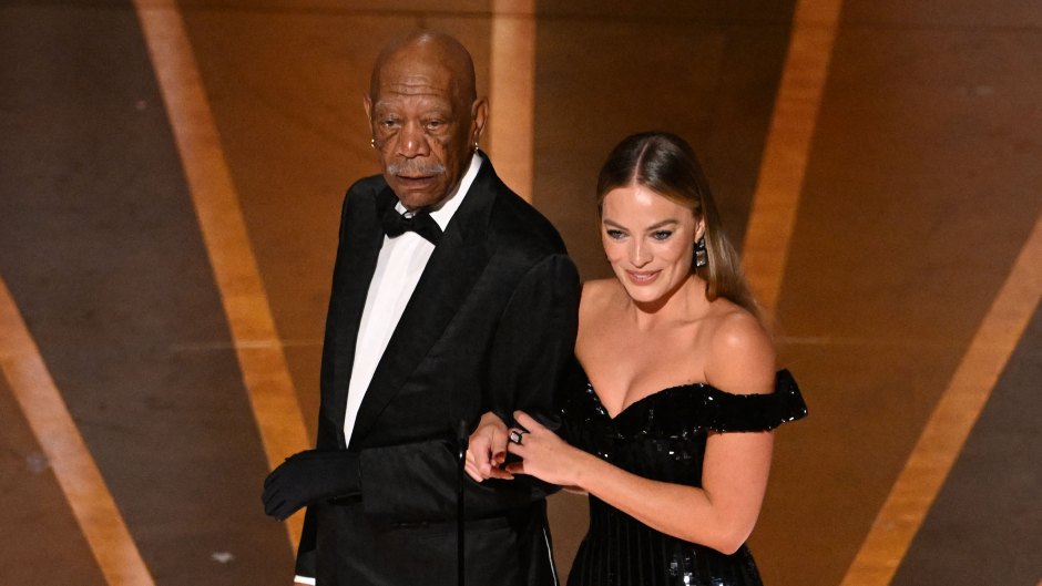 Morgan Freeman wears a glove on his hand at the Oscars