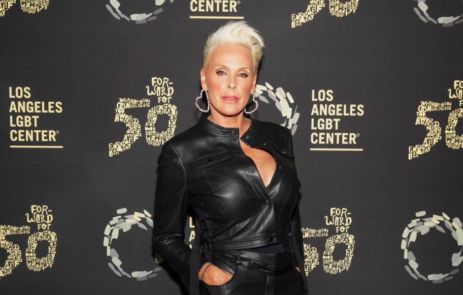 Brigitte Nielsen wears a black leather outfit on the red carpet