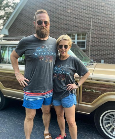 Erin and Ben Napier wear matching shirts and sunglasses