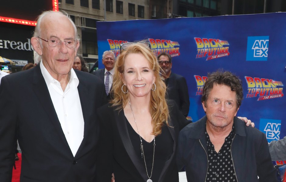Michael J. Fox poses with costars Lea Thompson and Christopher Lloyd