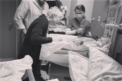 Dee Wallace meets grandson Stone at hospital