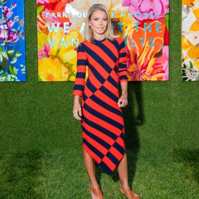Kelly Ripa wears red and blue striped dress