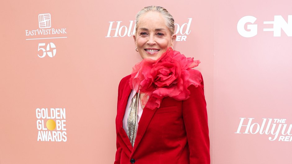 Sharon Stone wears red pantsuit at Golden Globes