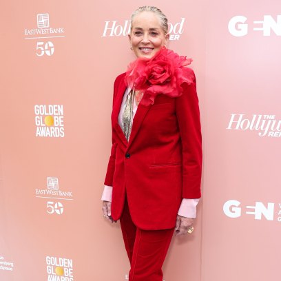 Sharon Stone wears red pantsuit at Golden Globes