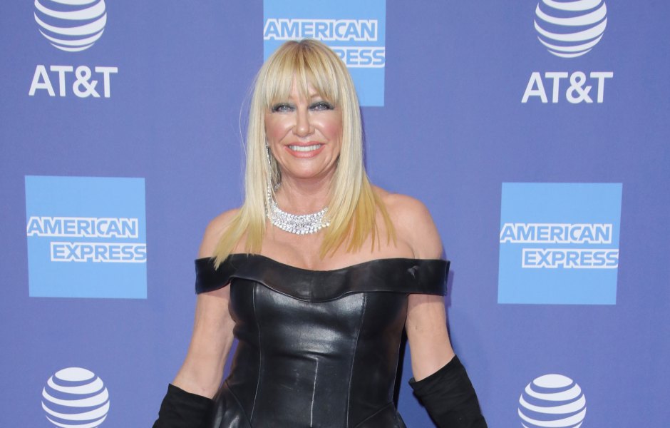 Suzanne Somers in a leather dress and gloves