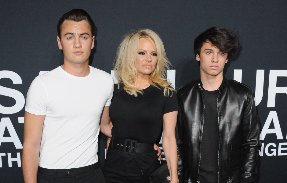 Pamela Anderson wears black outfit in appearance with kids Brandon and Dylan Lee