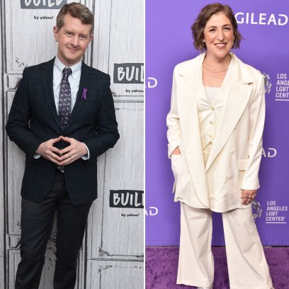 Ken Jennings in a suit and Mayim Bialik in a white pantsuit
