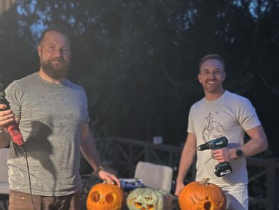 Ben Napier and a friend carve pumpkins