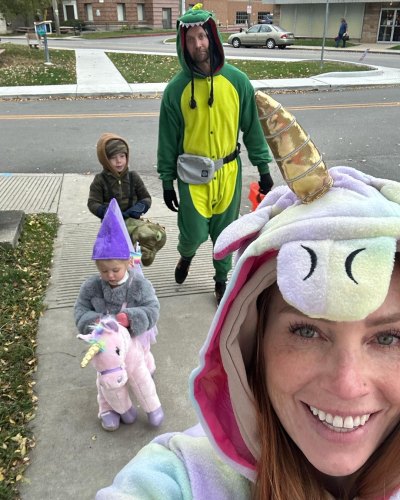 Mina Starsiak Hawk and her family dressed in Halloween costumes