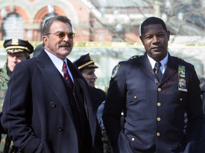 Actors Tom Selleck and Dennis Haysbert on the set of "Blue Bloods" 