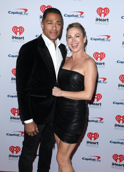 Amy Robach wears black leather dress and T.J. Holmes wears black suit 