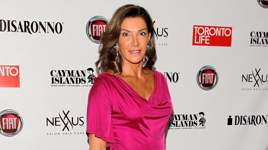 Hilary Farr in a pink dress while holding a silver clutch purse