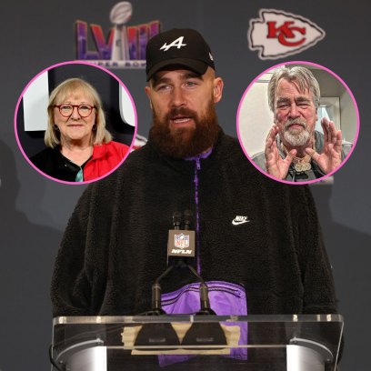 Travis Kelce at press conference next to inset photos of Donna and Ed Kelce