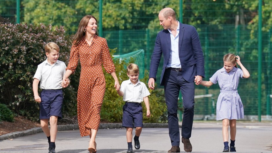 Prince George, Kate Middleton, Prince Louis, Prince William and Prince Charlotte hold hands while walking