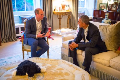 Prince William and former President Barack Obama have a discussion in the Drawing Room of Apartment 1A Kensington Palace